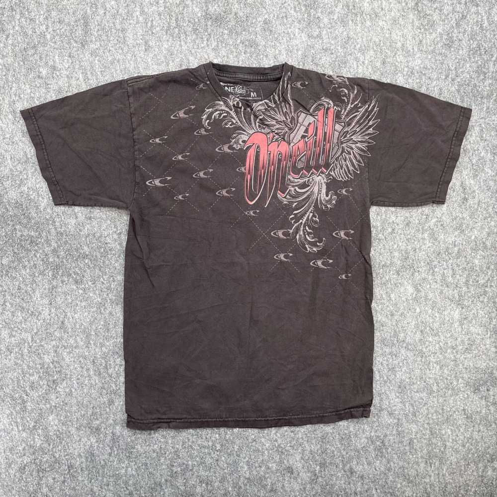 ONeill Shirt Mens Medium Graphic T-Shirt Black Red Wing Filigree Logo Surf Y2K